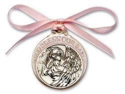 Pink Crib Medal with Angel holding Baby - Pewter with Ribbon