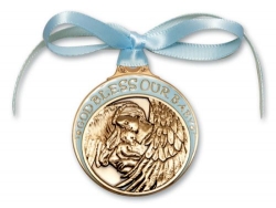 Blue Crib Medal with Angel holding Baby - Gold with Ribbon