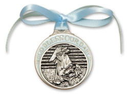 Blue Crib Medal - Angel with Baby in Manger - Pewter with Ribbon