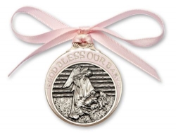 Pink Crib Medal - Angel with Baby in Manger - Pewter with Ribbon