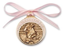 Pink Crib Medal - Angel with Baby in Manger - Gold with Ribbon - Personalize