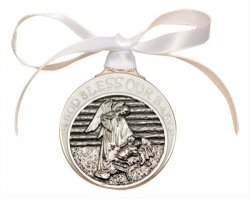 White Crib Medal - Angel with Baby in Manger - Pewter with Ribbon