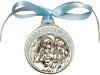 Blue Crib Medal with Angel holding Baby - Pewter with Ribbon - Personalize