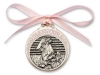 Pink Crib Medal - Angel with Baby in Manger - Pewter with Ribbon - Personalize