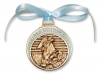 Blue Crib Medal - Angel with Baby in Manger - Gold with Ribbon