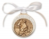 White Crib Medal - Angel with Baby in Manger - Gold with Ribbon